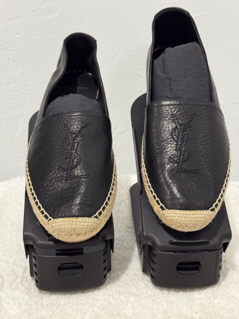 Yves Saint Laurent Black Leather Espadrille Slip-Ons with Natural Trim